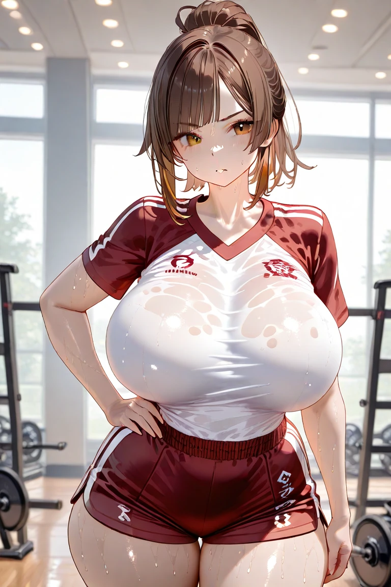 ((Voluptuous figure)),Chubby body type,Big Breasts,Brown Hair,blunt bangs,Top knot,hair accessory,((happiness)),Gym clothes with red bottoms