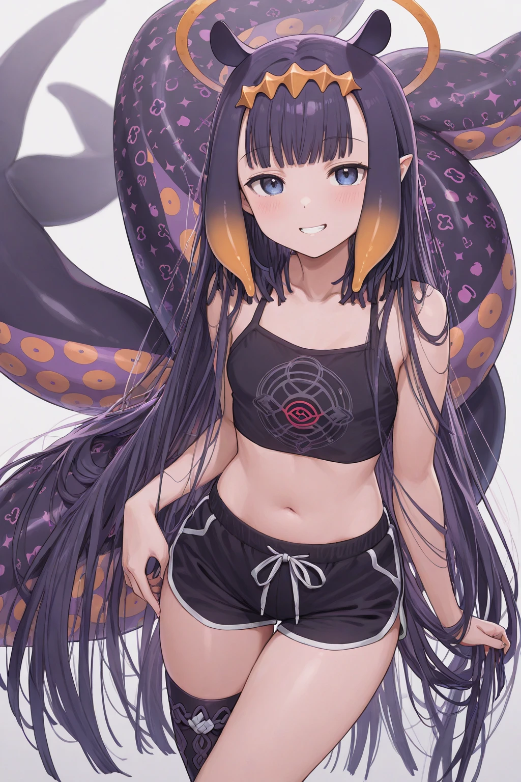 (muste piece), (best quality), (score_9, score_8_up, score_7_up), very detailed eyes, expressive eyes, perfect face, very detailed face, highly detailed face, beautiful girl, 8K, beautiful girl, white background, delicate and beautiful face and eyes, dark intense shadow, 1 girl, vtuber style, cool girl, hololive, vtuber,Tokoyami Towa, purple hair, green eyes, school swimsuit, cameltoe, small chest, big ass, thick thighs, wide hips, sideboob, bare arms, two hand behind head, smile, body visible through clothes, chest visible through clothes, (full body), doggystyle, sweating, from back, ass focus,