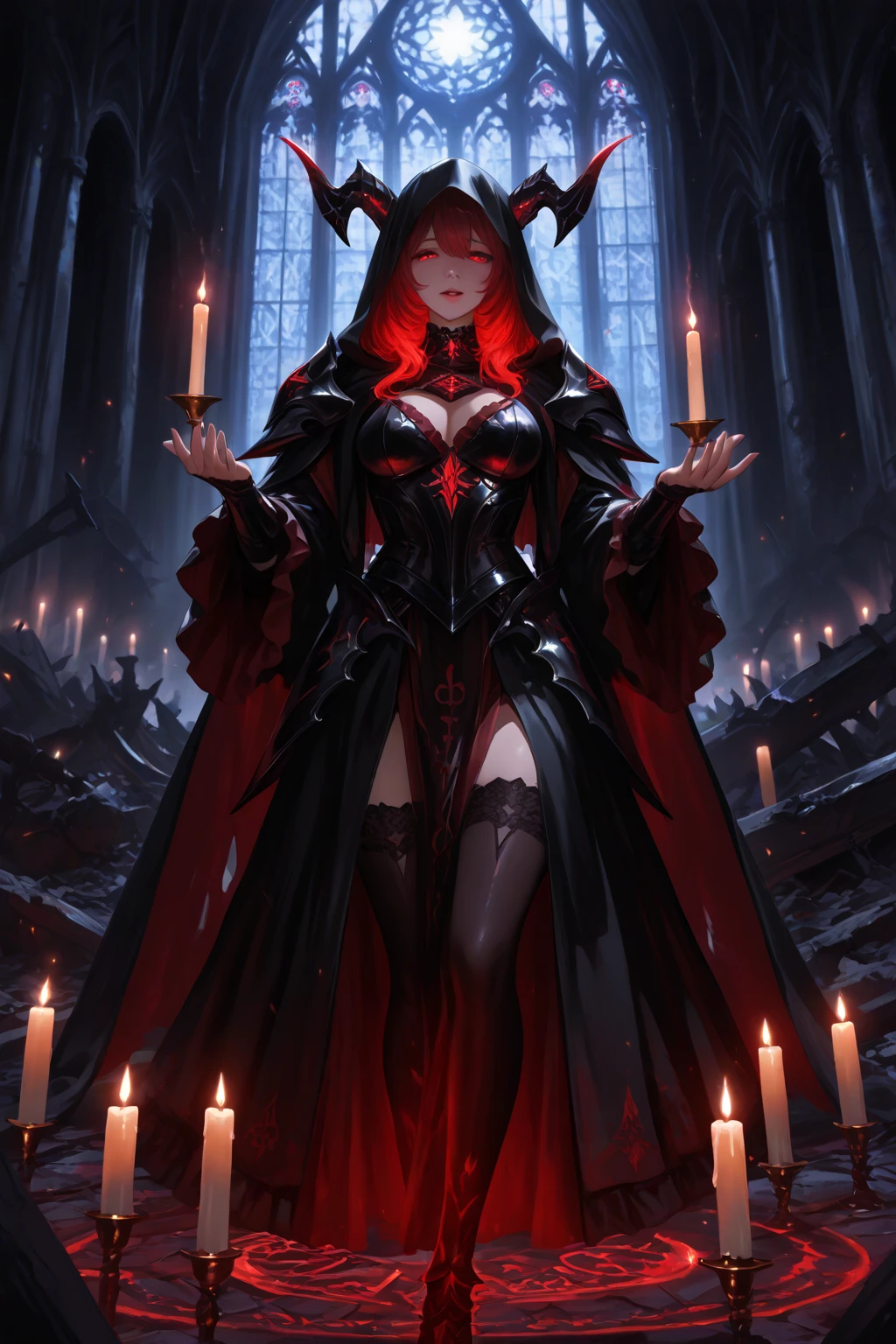 Queen，(Sexy women)，Dark Abyss, ，Black cloak，Crown of thorns，((Broken clothes))，((Thorn rose))，Broken tombstones，Candle，Dark atmosphere，wasteland，only one person，night,Blood