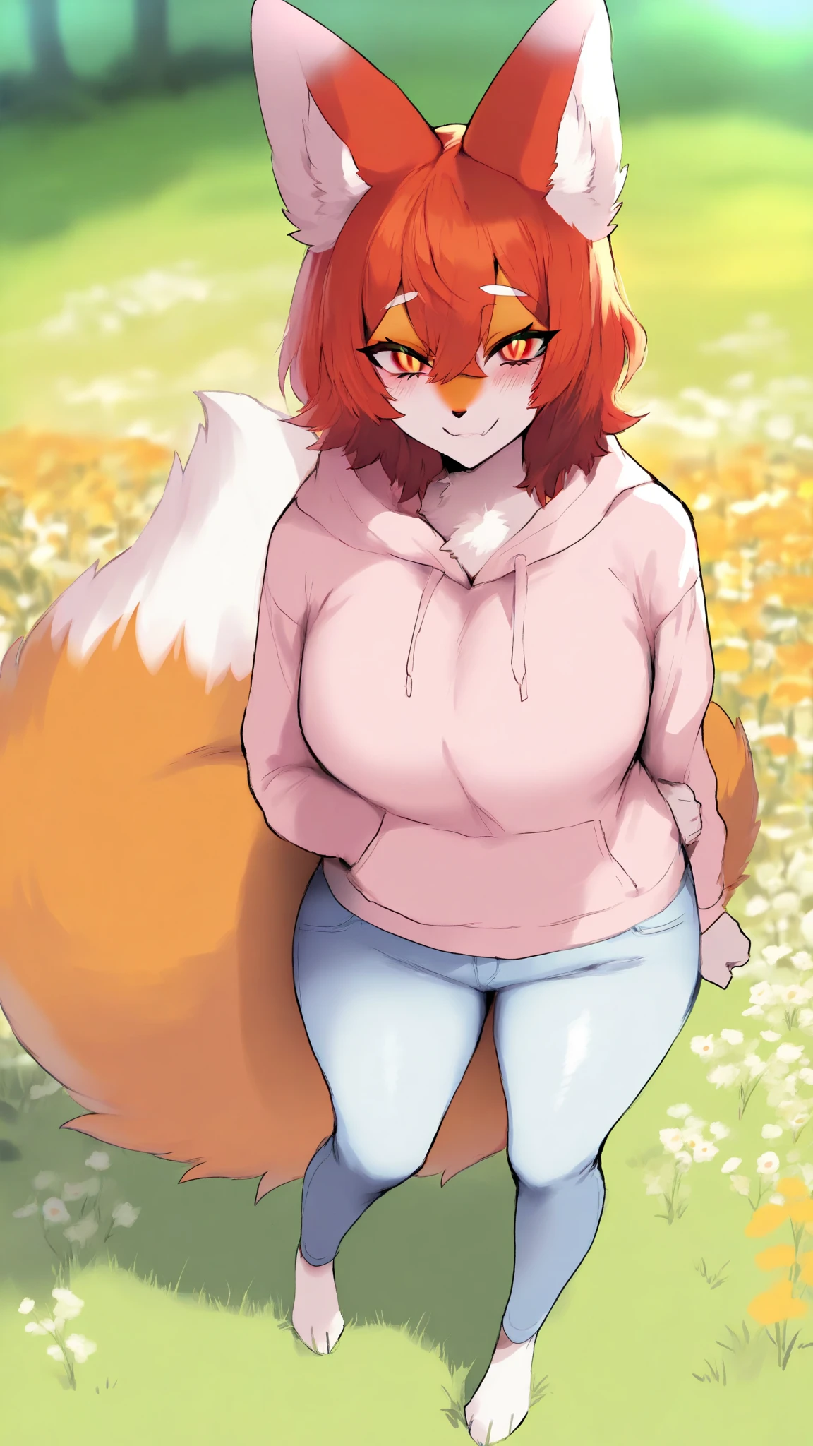 furry, full body, tail, forest, shirt, jeans, cleavage, medium breasts, long hair, colorful red fur, smile, wide hips, <lora:general_canine:0.9:FUR>