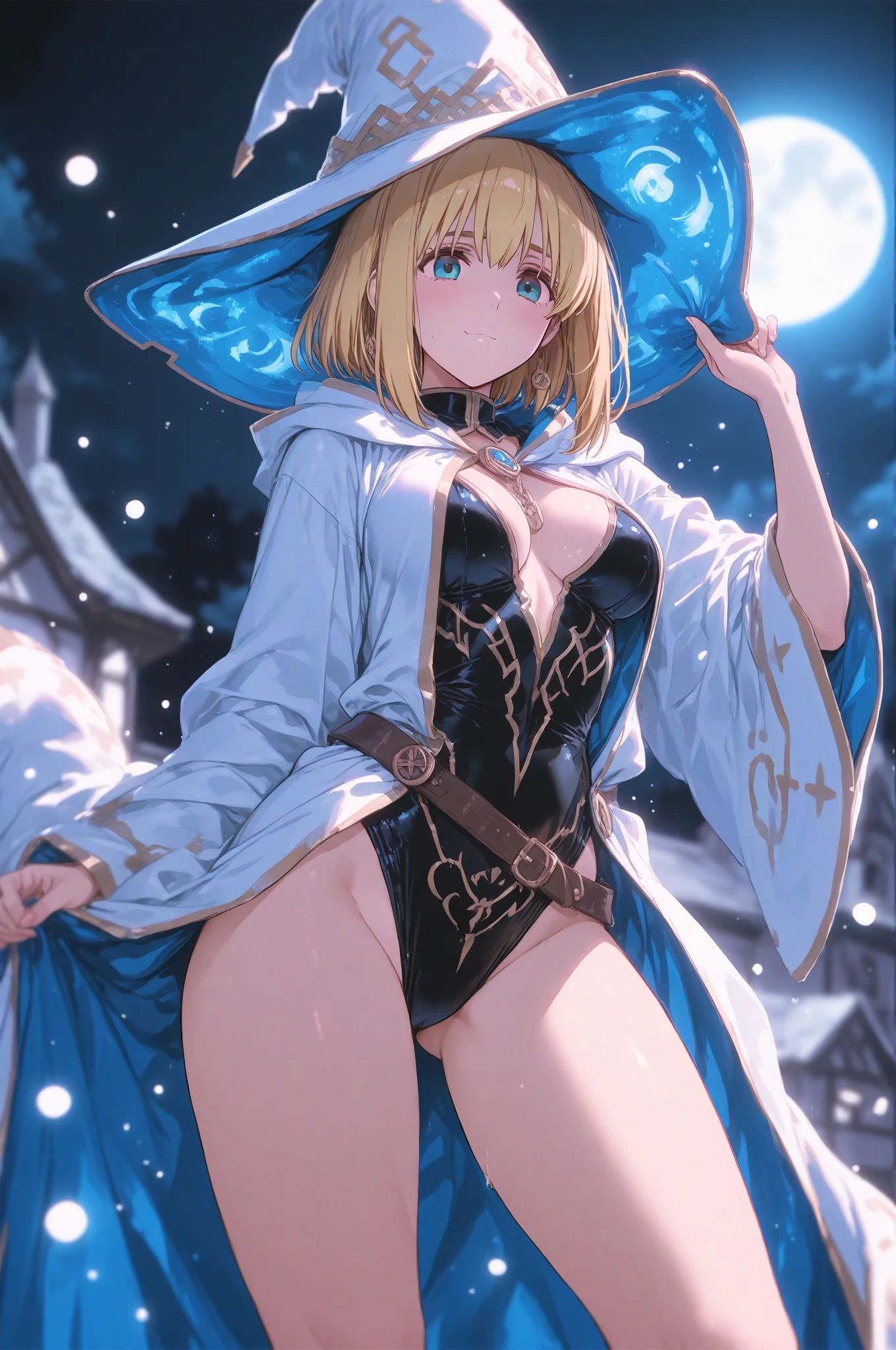 Tsunade, the formidable and revered Sannin of Konoha, stands confidently in a captivating witch cosplay that perfectly merges her iconic strength with a touch of enchanting allure. Her costume is designed to be daring and seductive, featuring a plunging neckline that accentuates her ample cleavage, framed by intricate lace detailing that adds a layer of elegance to the provocative ensemble. The corset cinches at her waist, highlighting her curvaceous figure, while a short, tattered skirt flares out playfully, offering tantalizing glimpses of her toned legs. Thigh-high stockings with delicate lace trim and stiletto boots complete the look, adding an extra element of seduction to her already mesmerizing appearance. Her golden hair flows freely, cascading down her back and framing her face, adding to her enchanting presence. Atop her head rests a pointed witch's hat adorned with mystical symbols and a flowing ribbon, casting a shadow that enhances the mystery in her sharp, confident eyes. In one hand, she wields a wand, and in the other, a spellbook, both glowing with an eerie, magical light. Set against the backdrop of a moonlit forest, where shadows dance and the air is thick with enchantment, Tsunade exudes a commanding presence. Her confident smile and piercing gaze hint at the powerful magic she wields, blending her fierce shinobi strength with the irresistible allure of her witchy transformation. This cosplay captures the essence of Tsunade's character: strong, seductive, and undeniably enchanting. ((full body view))