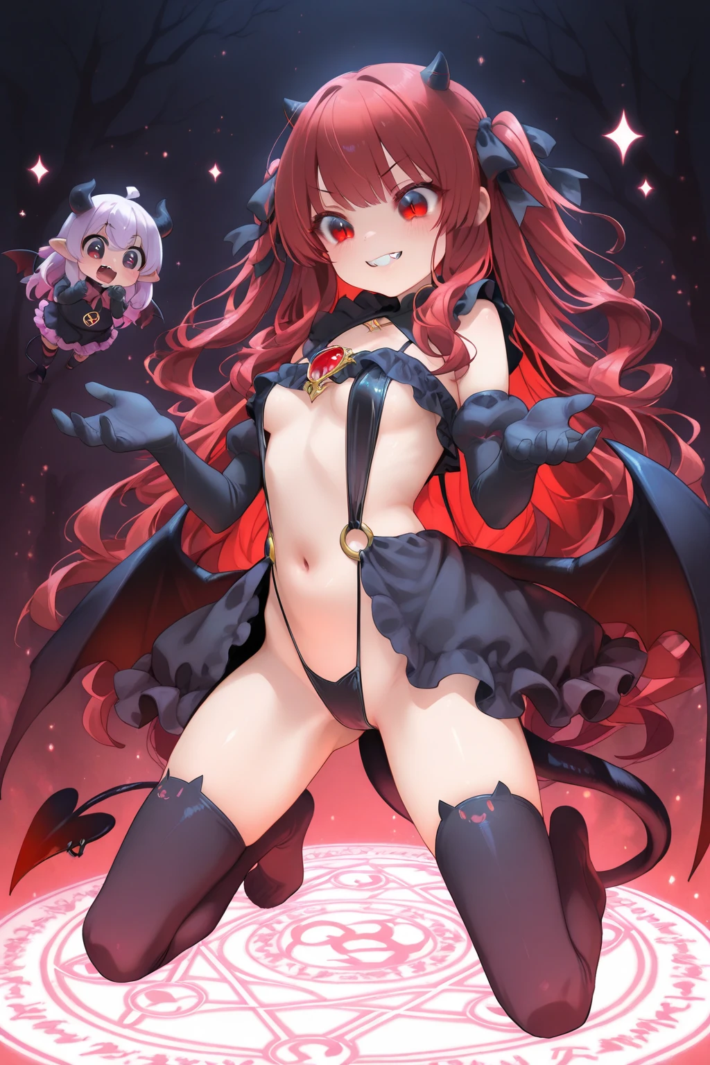 masteRpiece, best quality, 1giRl, Solitary, Yellow eyes, Red haiR, small bReast, demon giRl, Devil Tail, Demon Wings, small demon hoRns, pointy eaRs, (small bReast), (), Double tail, bat haiR oRnament, cape, white shiRt, white legweaR, Plush Toys, Stuffed Animals, beRet, Gloves, Bangs, have,Large Breasts