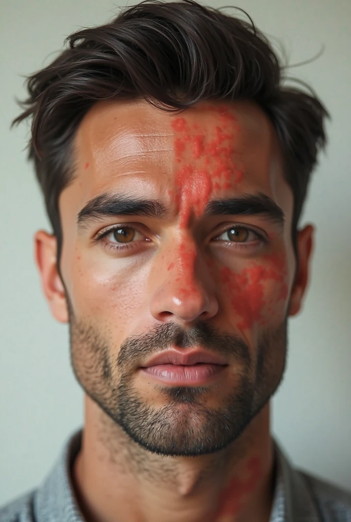 Make a handsome man shirtless and with almost transparent white sticky liquid on parts of his face and with his mouth open