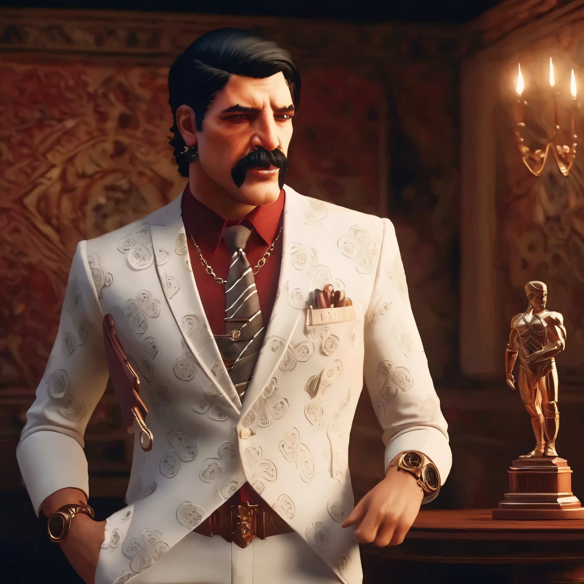 (obra maestra, Mejor calidad:1.2), 1 chico, thenahualli, serious, dangerous man, threatening, elegant, elegante, he is a gangster, (((white suit))), luxurious hall, standing on a dais, receiving an award, holding award, (((realistic, detailed, photorealistic)))