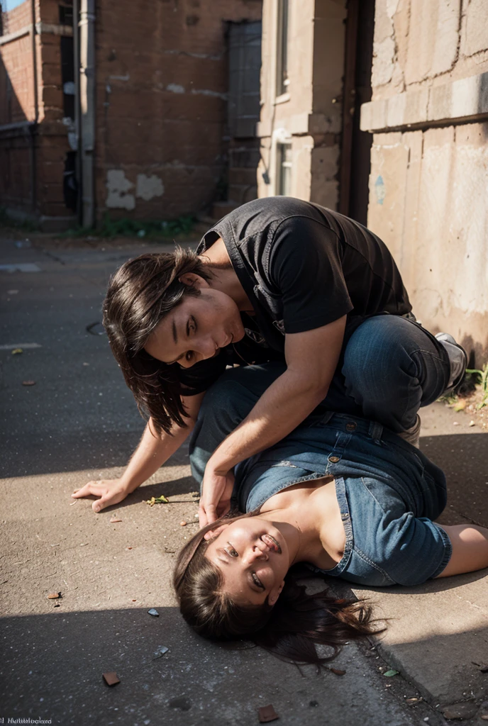 Gallo pinto crying on the ground and is stepped on by a tall woman with long black hair