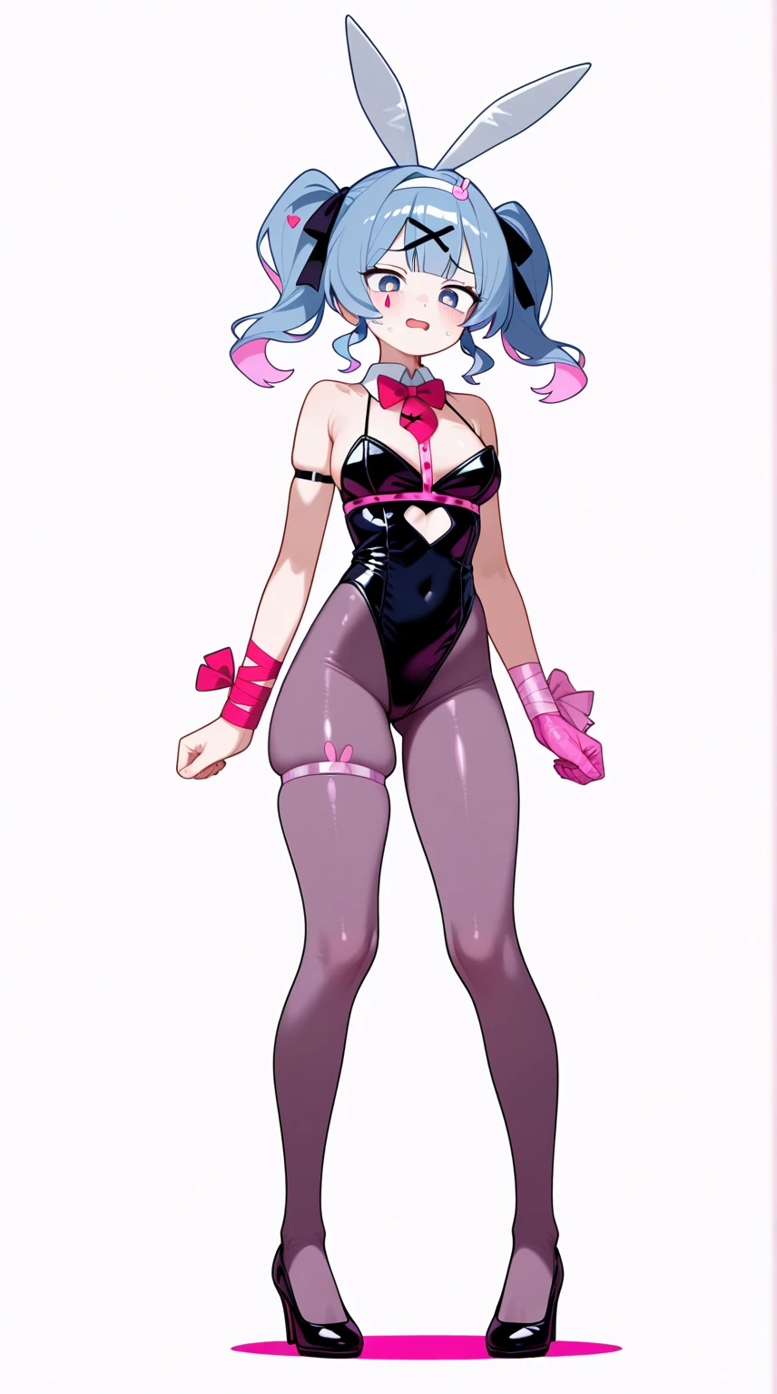 feminine boy, big hips, thin waist, no breasts, pink and light blue colored clothing, light blue hair, ear length hair, deep pink eyes, pouty lips, skin-tight clothing, heart-shaped earrings, ((male)) white thigh, ankle boots, full body, facing camera, solo