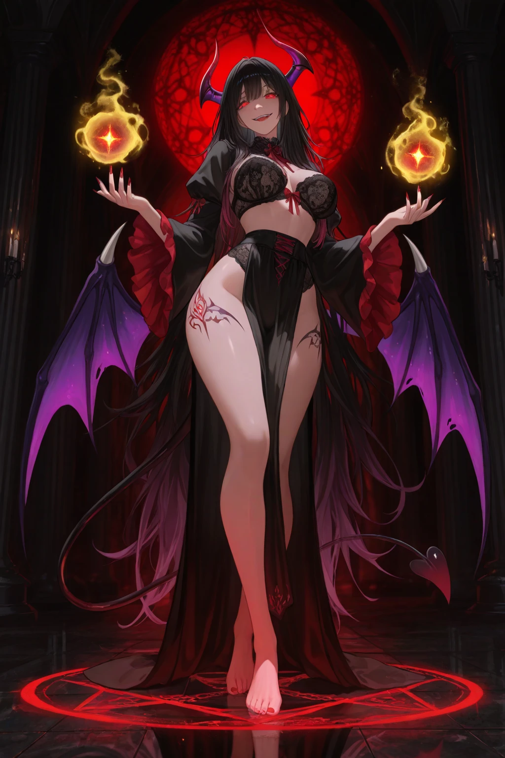 best quality, masterpiece, extremely detailed, Morgana_Default, long_hair , full body , cute , naked feet , beautiful feet