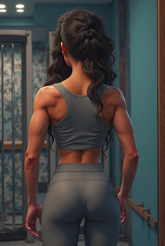 A gorgeous woman in a white top and black pants standing in a parking lot, Concentre-se nas costas, costas arqueadas, back pose, corpo em forma, costas arqueadas, menina em forma, Costas - Tiro, her back is to us, from the back, mulher em forma, from the back, corpo tonificado, derriere tonificado, athletic muscle tone, foto fit, corpo forte