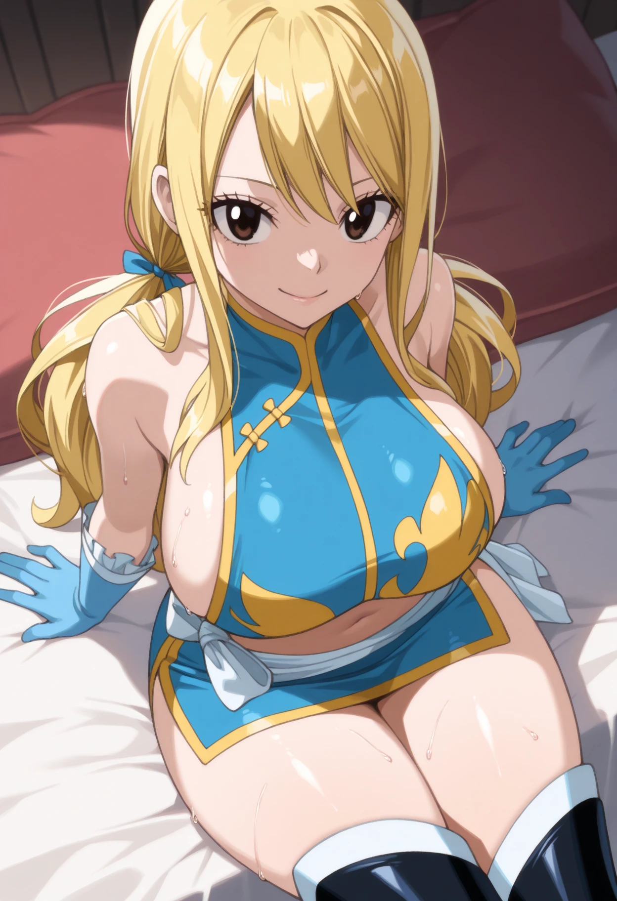 masterpiece, best quality, highres, lucy heartfilia, blonde hair, long hair, large breasts, unique hair detailed, large breasts, breasts out, blue skirt, beautiful detailed eyes, cleavage, snake, (coiled), (python), snake scales detailed, restrained, angry face, crying, nude, milk dripped from her nipples, (men touching her), touching breasts, (((pov hand squeezing breasts)))