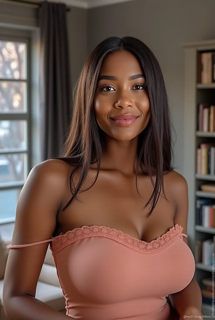Asha, 1girl, solo, (((Ebony))), (((Dark skin))), (((SFW))), 30 years old, (mature), fully ?????, capturing a selfie, taking a selfie shot, smiling, ((wearing a blue blouse))