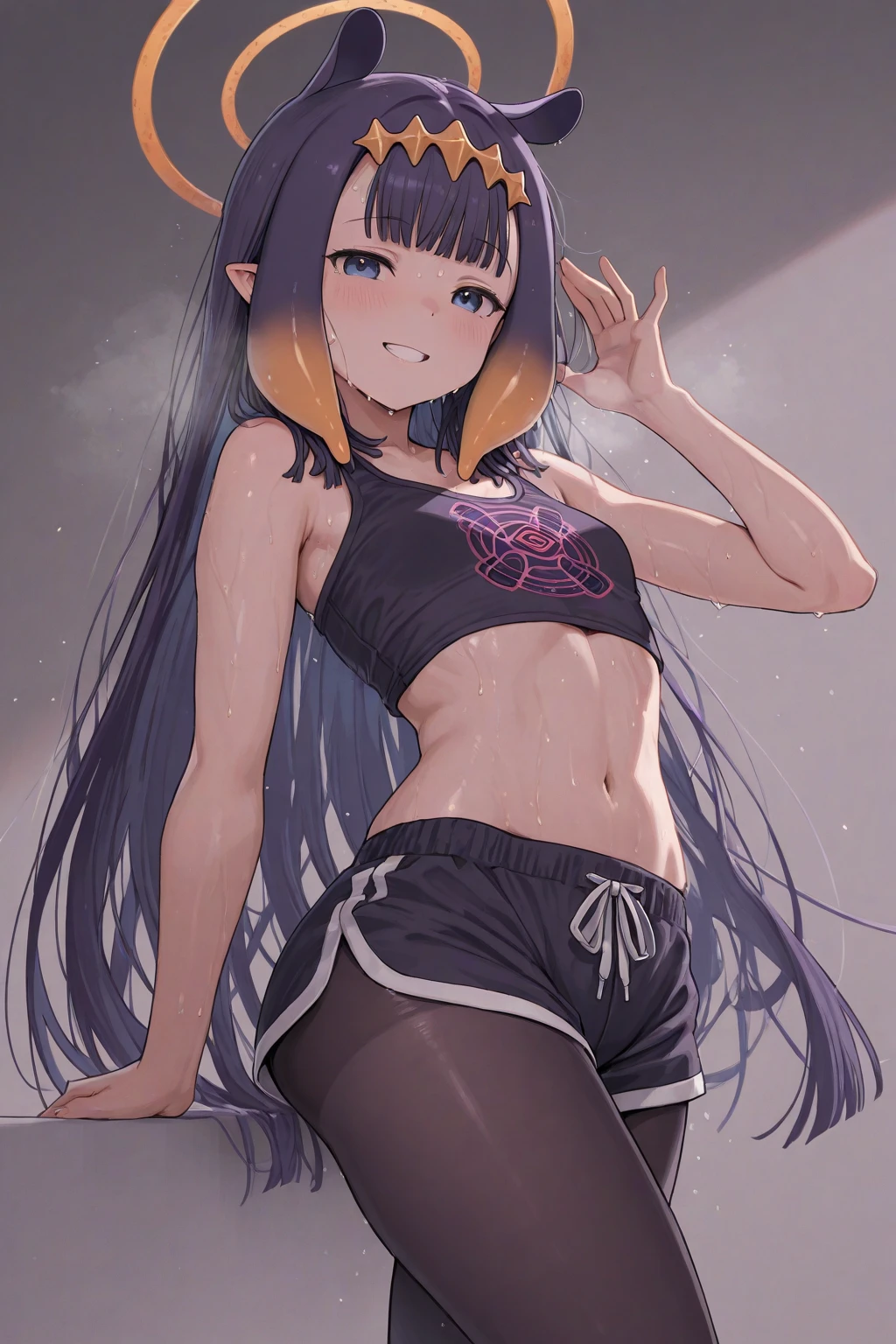 1girl, Angle from back:1.8, Angle from below、((On the balcony)), The girl bends forward to show off her breasts、legs apart, (Blade), (Tanned shiny black skin:1.6)、Glowing Eyes, ((evil grin)), (5 years old girl), Multicolored Hair、Cap, pink rip, ((((Long sleeveless shirt)), Black Bra、((Panties with horizontal stripes)), (small breasts), (jewelry))), (crotch), ((I'm wearing sneakers)), ((belly button)), Angle to look up at the crotch,