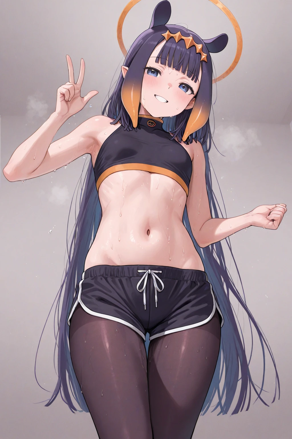 ((最高品質)), ((傑作)), (詳しい), 完璧な顔1girl, solo, long hair, smile, black hair, ribbon, twintails, swimsuit, hair ribbon, yellow eyes, dark skin, flat chest, two side up, one-piece swimsuit, school swimsuit, tan, white one-piece swimsuit, zoom layer