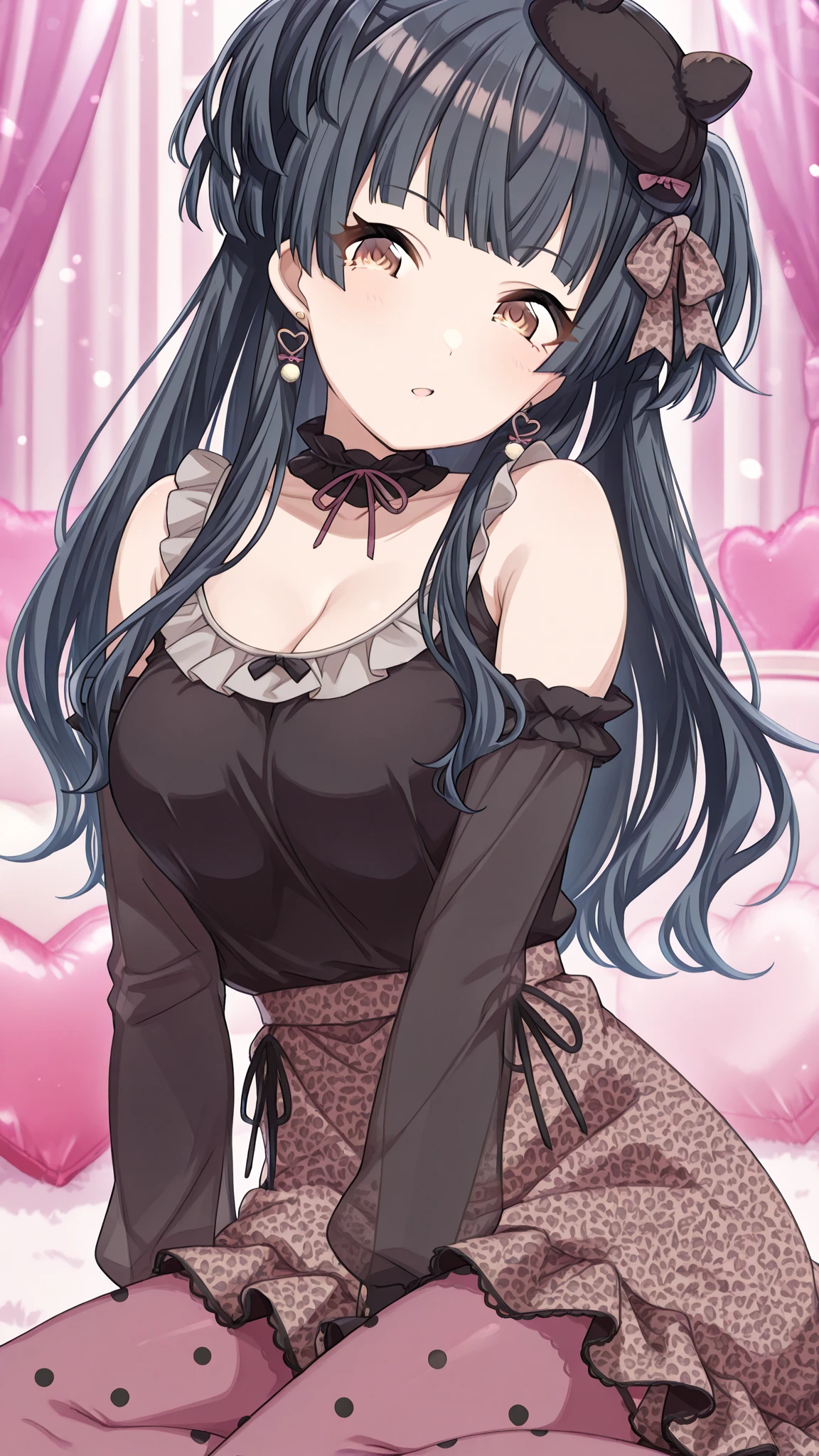 best quality, masterpiece, highres, solo, {mayuzumi_fuyuko_theidolmstershinycolors:1.15}, black_hair, bangs, long_hair, blush, brown_eyes, blunt_bangs, breasts, two_side_up, smile, ribbon, medium_breasts, 1girl, beret, black_headwear, earrings, hat, heart, heart_earrings, jewelry, long_sleeves, looking_at_viewer, shirt, black_shirt, bow, choker, leopard_print, skirt, frills, animal_print, cleavage, frilled_choker, simple_background, white_background, collarbone, upper_body