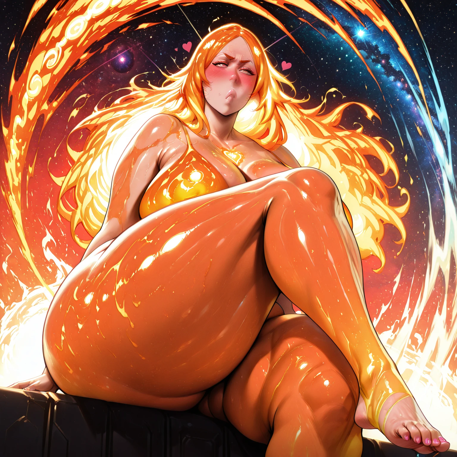 A beautiful woman with golden hair, wearing a melting wax dress that drips onto her body. (Masterpiece: 1.2), (Best quality, 4k), Ultra-detailed, (Dynamic composition: 1.4), Extremely detailed, Colorful details, (Rainbow colors: 1.2), (Bright lighting, Atmospheric lighting), Dreamlike, Magical, (Alone: 1.2), full body (NSFW breasts), hdri, extremely naked, nude, nua, pelada, nsfw, perfect proportions human body, gigantic breast 1.9