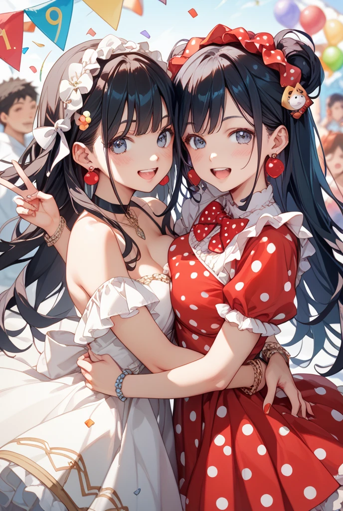 beautiful twins portrait, two beautiful girls, black pigtails, beautiful science fiction twins, twin tails, trending on cgstation, twin tails hairstyle, beautiful gemini, , Trending on cgstation, wlop and sakimichan, Gwaites style artwork、(((red dress、red eyes)))、(((white dress、blue eyes))),(((hug)))、red eyes、blue eyes