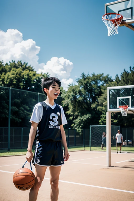 Under the blue sky and white clouds, on the basketball court, there is a little boy playing basketball