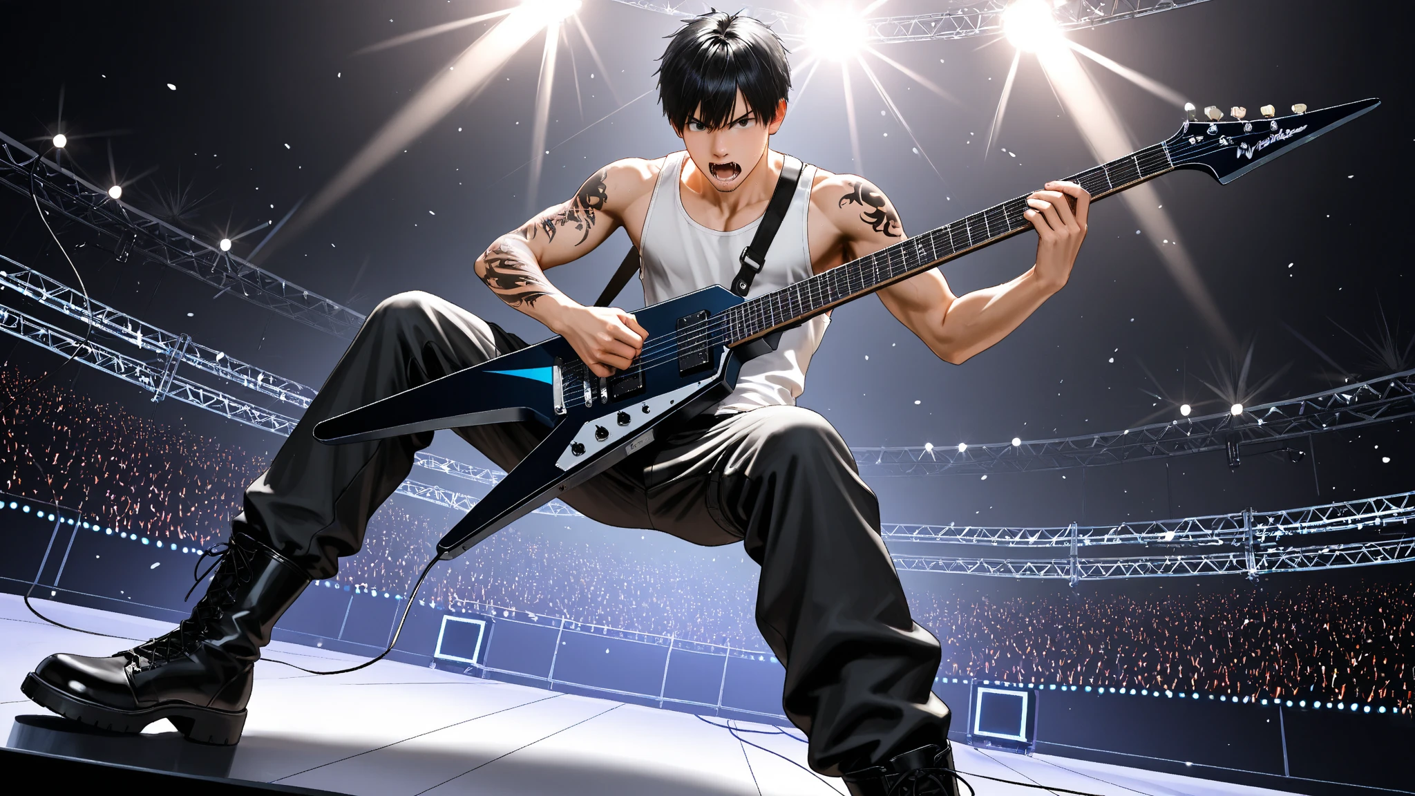 1 male, high resolution 8k, adult, handsome, perfect face detail, detailed eyes and face, clean shaved, sixpack realistic, white eyebrow hair, white eyelashes, dynamic lighting, unreal engine, hd picture, satoru gojo, Jujutsu kaisen, white hair, short hair ,hair between eyes ,blue eyes, white skin, chain necklace, Bring a guitar, band stage background, Leather pants