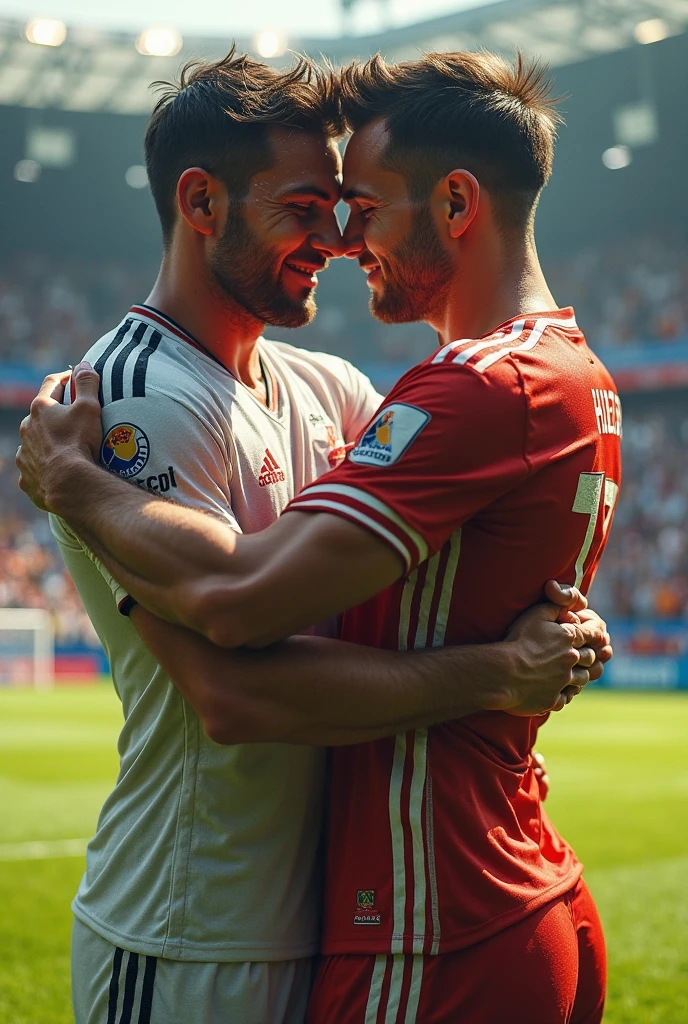 Two latino men in wet soccer kit kiss