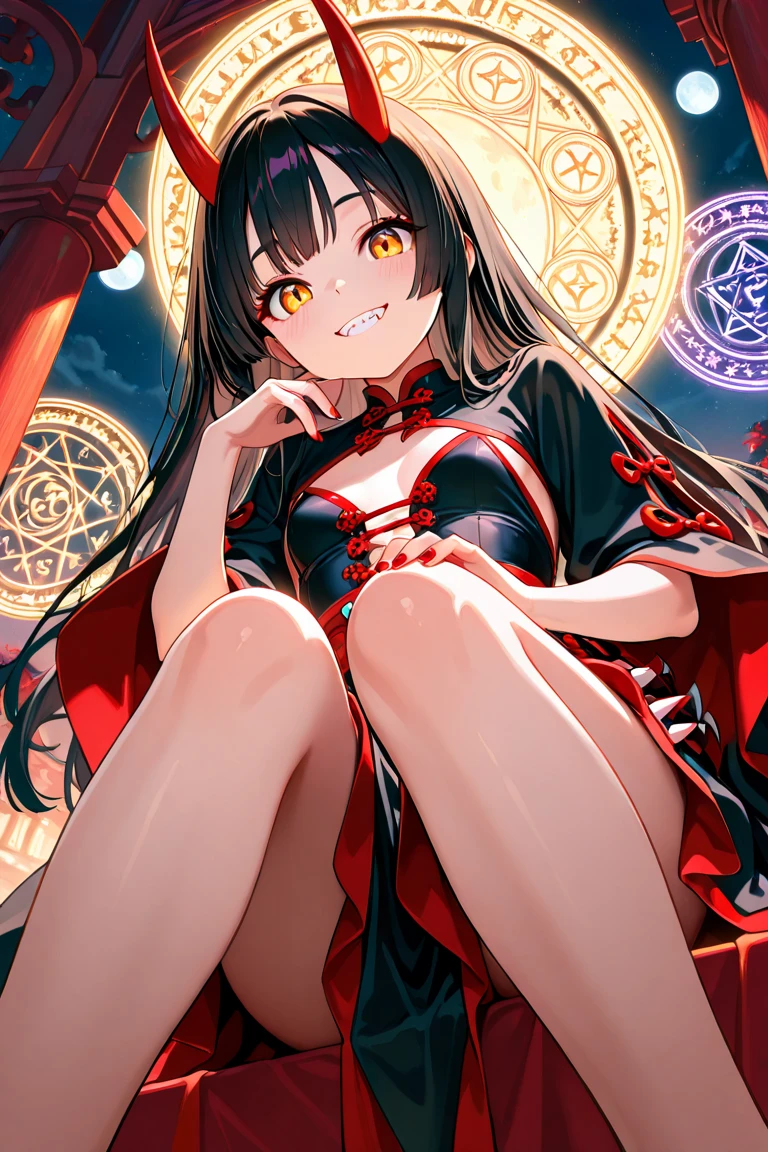 {best quality}, {very aesthetic}, {ultra-detailed}, {best illustration}, girl, black hair, knees away,small breast,viewer,from below,moon light,king's pavilion,magic circle,gold eyes,double tooth,smile,red horn,red nail