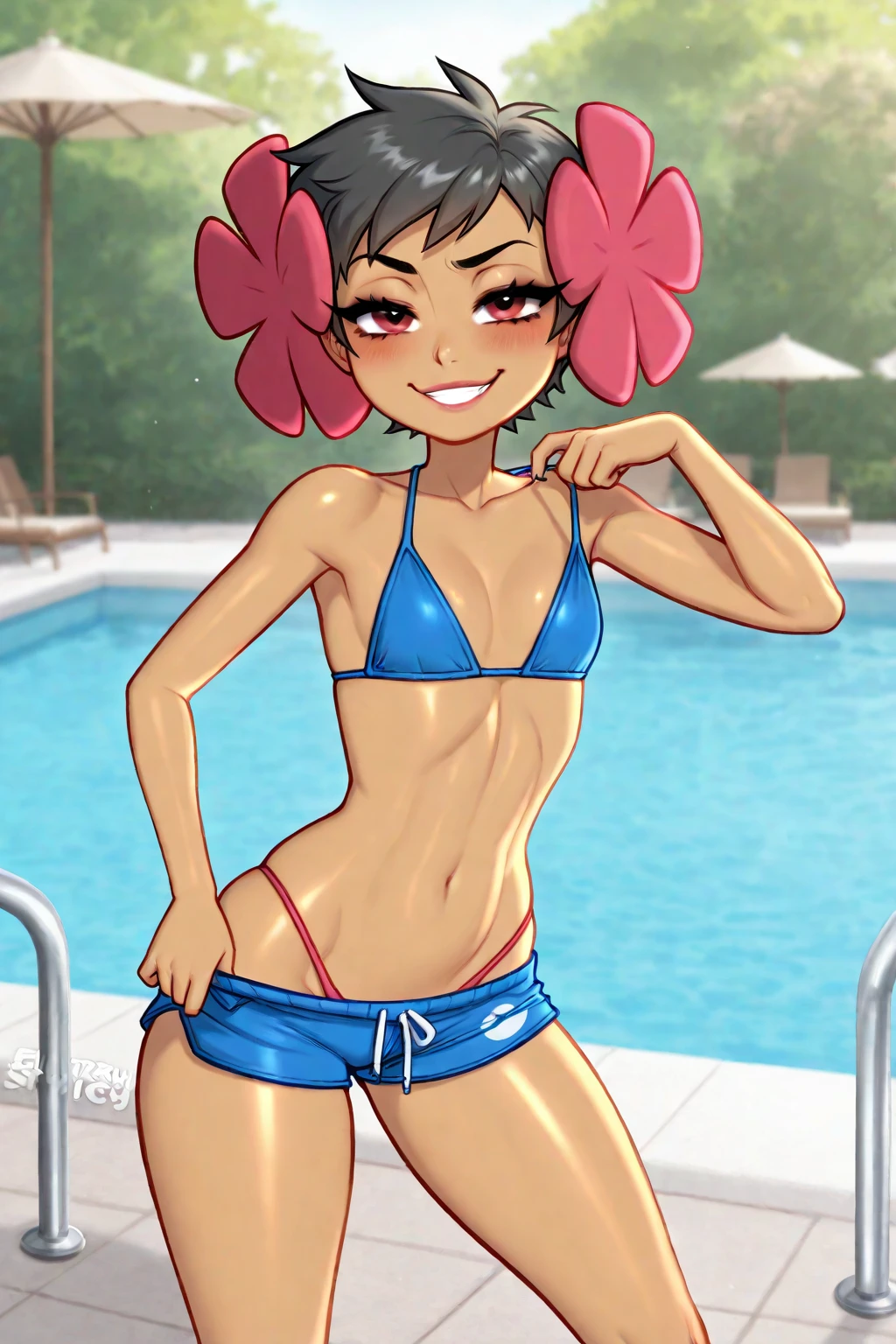 ((young girl ,short stature,gyaru)) ,flat chest,flushed, flushing,black hair, twintail ,,nsfw,heavyset,poolside, bikini,stand,cowboy shot,(condom belt:1.3), cum in body