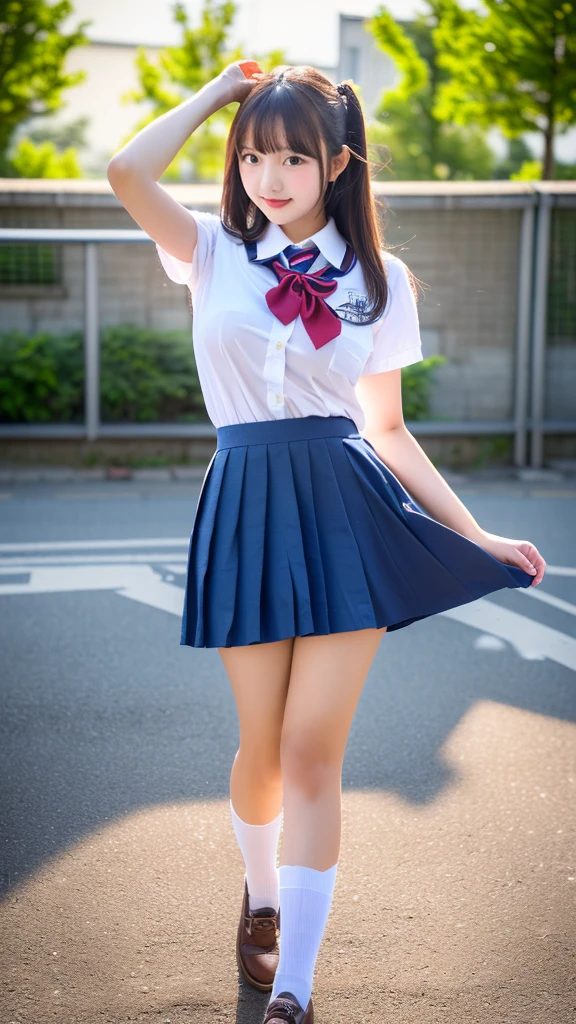 (highest quality: 1.3), (masterpiece: 1.3), (Super detailed: 1.3), (wallpaper, one girl: 1.1)、(delicate hands and fingers:1.2)、(Are you okay, Super oily and shiny skin:1.1)、Oily and shiny thighs、(school uniform:1.2)、(brown hair:1.2)、(dragon ball android18hairstyle)、medium hair、high school girl、,Ocean、checked skirt、mini skirt、(lift the skirt:1.4)、cute、Angle from the front:1.5、((vagina))、(show me your pussy)、((stand straight in front of))、(detailed female genitalia)、pussy hair、青いOcean、beach resort、((best smile))、happy look