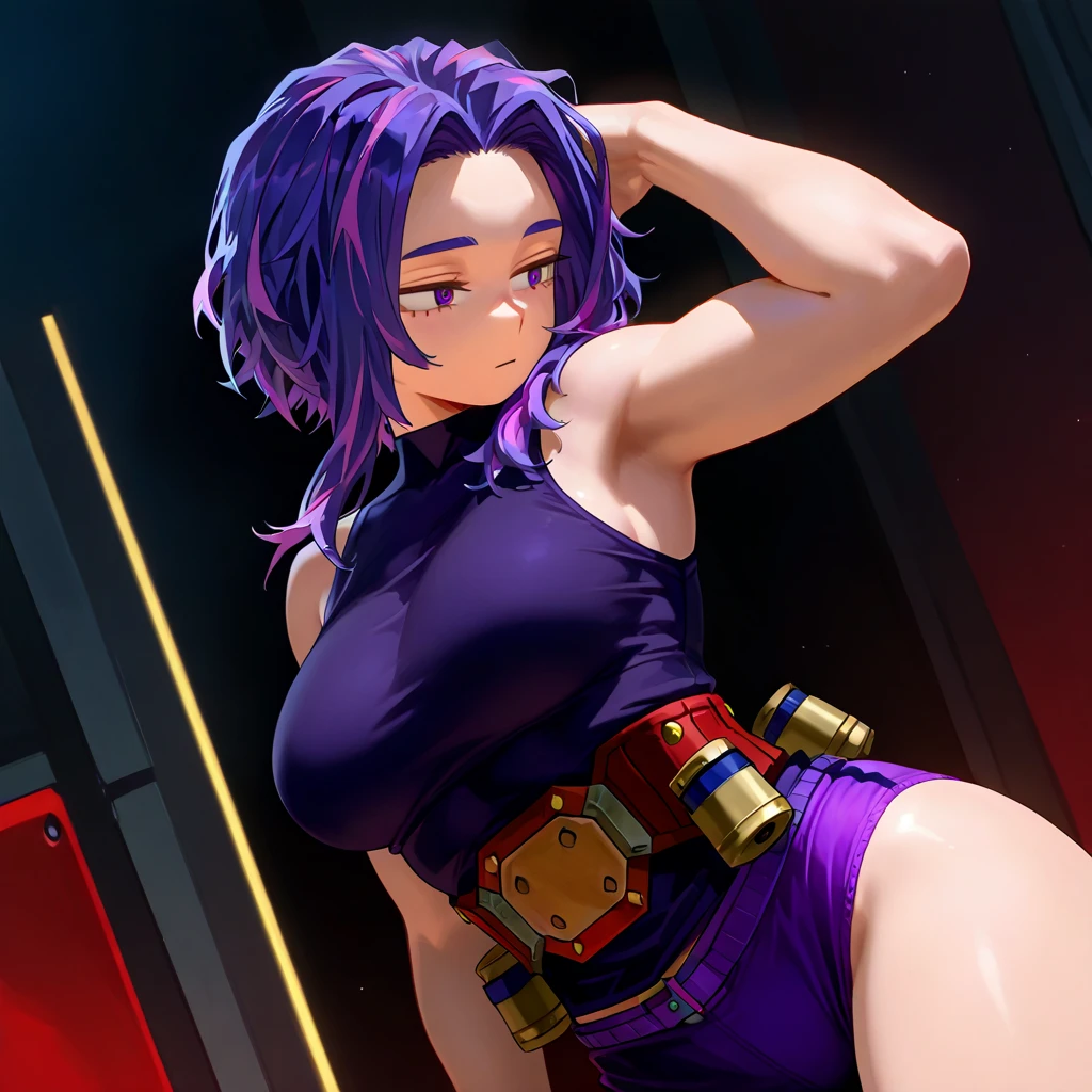 (Very detailed,Highest quality,4K,8K,High resolution,masterpiece:1.2),(Perfect hands,Perfect Legs),(Realistic,photoRealistic,photo-Realistic:1.37),One Woman,Nagant,Calm expression,Beautiful Face,((Blue and purple medium perm)),
((Black sleeveless wetsuit top)),((Black long skirt)),(((silver leggings))),
Beautifully detailed sweat glands,Smooth skin texture,Carefully drawn,(Big Breasts),Sticky with sweat,In a dynamic pose,
My Hero Academia,Outdoor,rooftop,night,