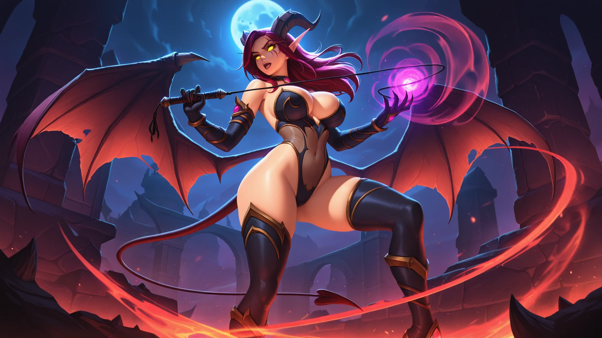 demon girl, Peta Jensen, big red ram horns, ponytails, slender body (Ideal Anatomy), (athletic body), (muscular body), (large naked breasts, standing nipples), (hooves), (legs covered with fur), woolly legs like a goat's, red skin, mesh sexy costume, Inferno, sits on a throne of skulls, thick pubic hair, Big Red Wings, collar with spikes, battle scythe in hand, tail at the back, I'm looking at the viewer, dissolute, lustful, whore, (Medium full-frame photography), Ruins of the ancient city, (black hair), brown skin, arab culture, lie skulls