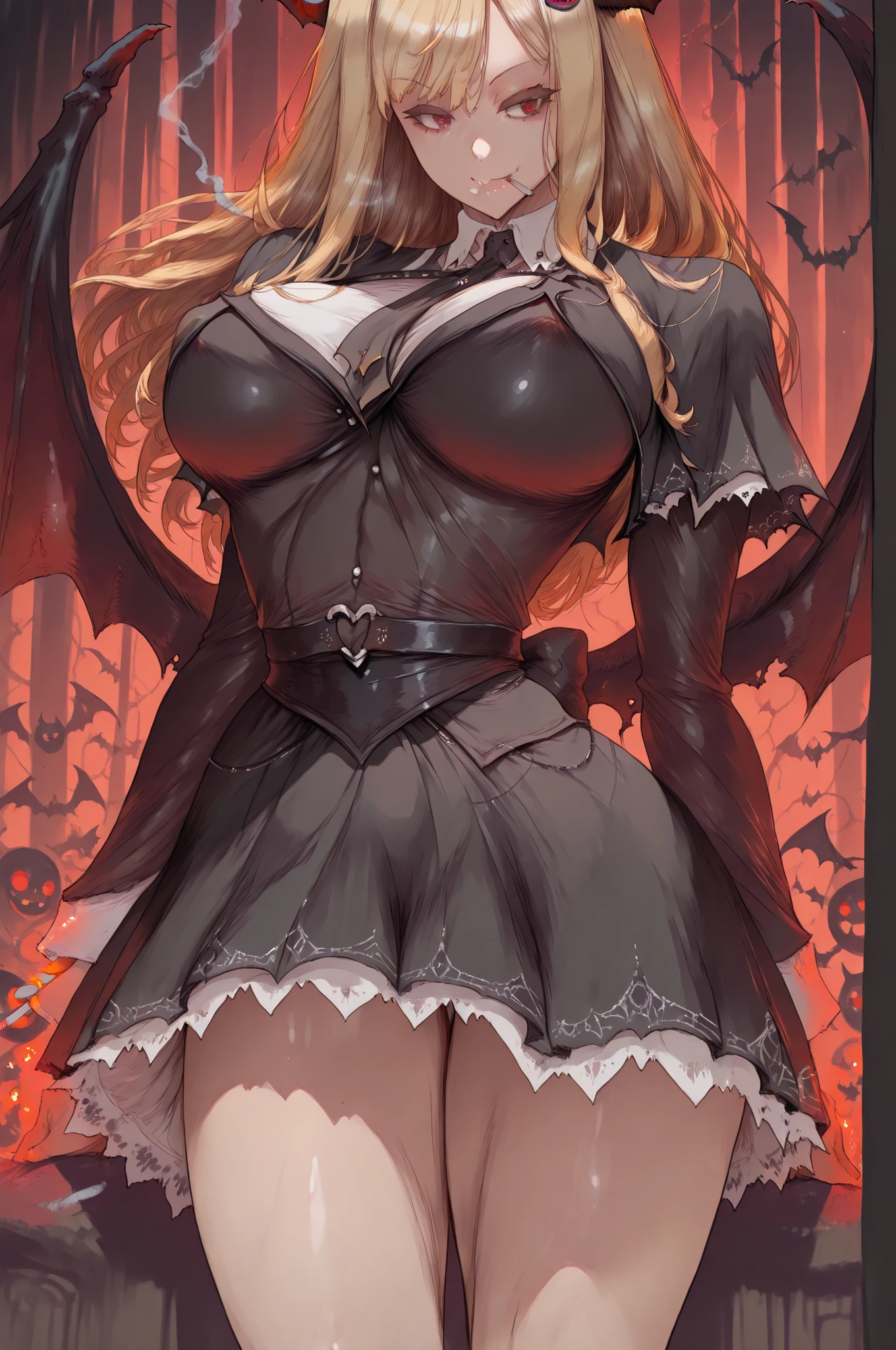 top-quality、Top image quality、masterpiece、girl with((18year old、Dark clothing、Dark bra、Dark skirt、 Best Bust、Bust 90、Blonde long、Blue eyes、open chest wide、Valley、Happiness、A slender、Provocative behavior、Evil face、Handcuffed、High laughter、Skull Tattoo、Tattoo of roses、Targeting your audience、Tighten blue rose hair、Aura of Darkness,Dark Forces,blue flames、Chain Accessories、Black wings、Black manicure、Black whip、Wearing the Vibration of Darkness))hiquality、Beautiful Art、Background with((prison、Dark impression、nightcity,Red sky、Many bats、many chains、the magma、Bright red earth))、masutepiece、Elaborate design、visualart、dark art