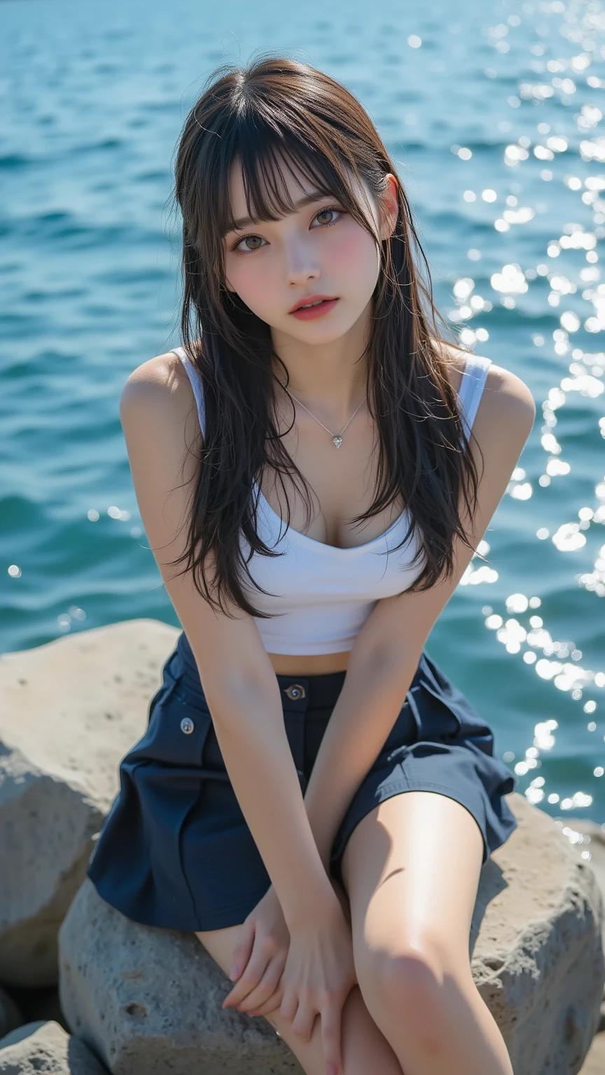 8k, Raw photo, highest quality, masterpiece:1.2), masterpiece, highest quality, figure, Very detailed, Fine details, High resolution, 8k,wallpaper, Perfect dynamic composition,(Detailed high quality, Realistic depiction of eyes:1.3)、 Woman、Arms wrapped around his back, hands tie behind back, Crouching on the deck of a yacht at sea、White panties are visible、Wearing a short-sleeved shirt、Wearing a long skirt、whole body、The whole thing faces forward、21talent、Beauty、I am a TV personality.、Well-formed face、Make your eyes even、Beautiful long black hair blowing violently in the wind、Fluttering bangs、Well-balanced proportionedium build、Beautiful legs、Refreshing small face、Beautiful scenery、