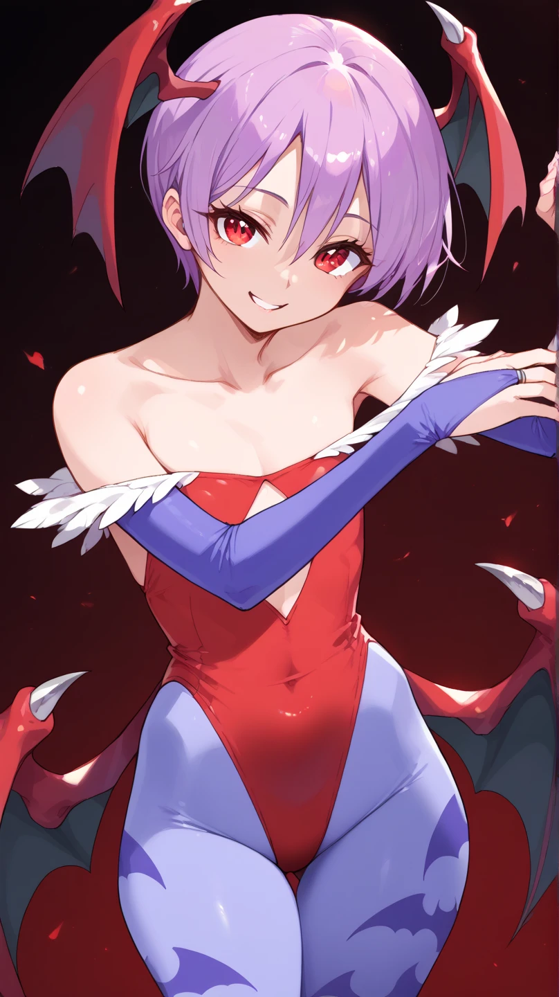 score_9, score_8_up, score_7_up, source anime, prefect lighting, very aesthetic, BREAK, anime coloring, 
<lora:lilith_darkstalkers_v2-pdv6:1>, 1girl, lilith \(darkstalkers\), red eyes, purple hair, short hair,  
lilithout, red leotard, blue pantyhose, print pantyhose, bat print, bridal gauntlets, highleg,  shoulders, diamond cutout, head wings, 
BREAK, looking at viewer, light smile,
BREAK,