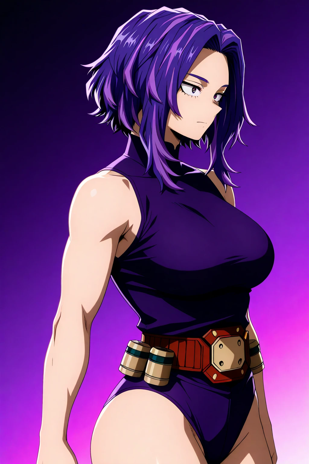masutepiece, Best Quality, (1girll), Hiei, Black hair,  White hair, spiked hair, Red Eyes, 3rd eye, Upper body, Sleeveless, Torn clothes, sketch, Solo,  Background, (large full breasts, Constricted waist, Big ass), feminine eyes