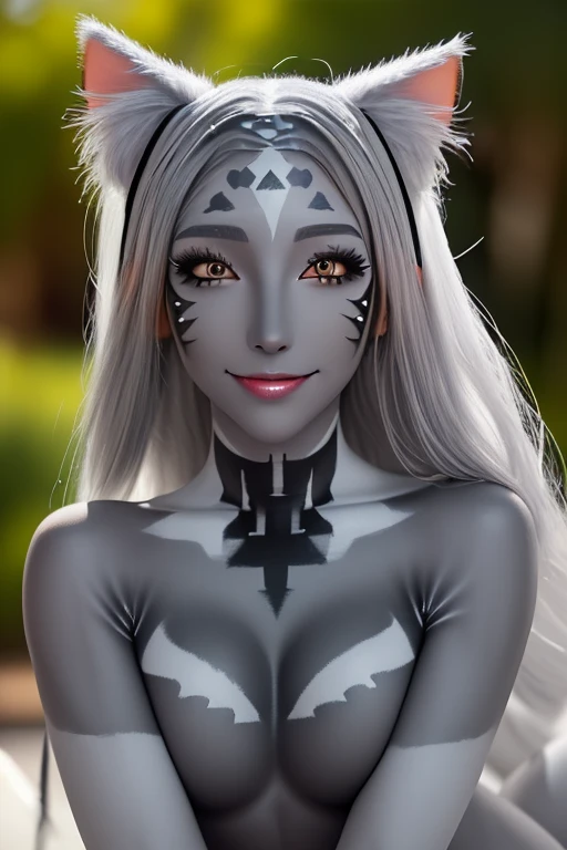 (masterpiece), (best quality), (extremely detailed:1.3),(checkpoint model:1.3),(detailed eye, green eye),(detailed fluffy fur:1.1), absol, in bedroom, looking on viewer, Canine face, Canine nose, Canine mouth, beautiful white hair, long emo hair, one horned on left side, beautiful face, blue face skin, white body skin, Green eye,medium breast, medium size of blue rock on upperhead,((best qualtiy, 8K, tmasterpiece:1.3)), Sharp:1.2, perfect figure beautiful woman:1.4,slim :1.2, ((Layered Hair Style)),，Highly detailed facial and skin texture，A detailed eye，double eyelid ,wearing sweater and jeans