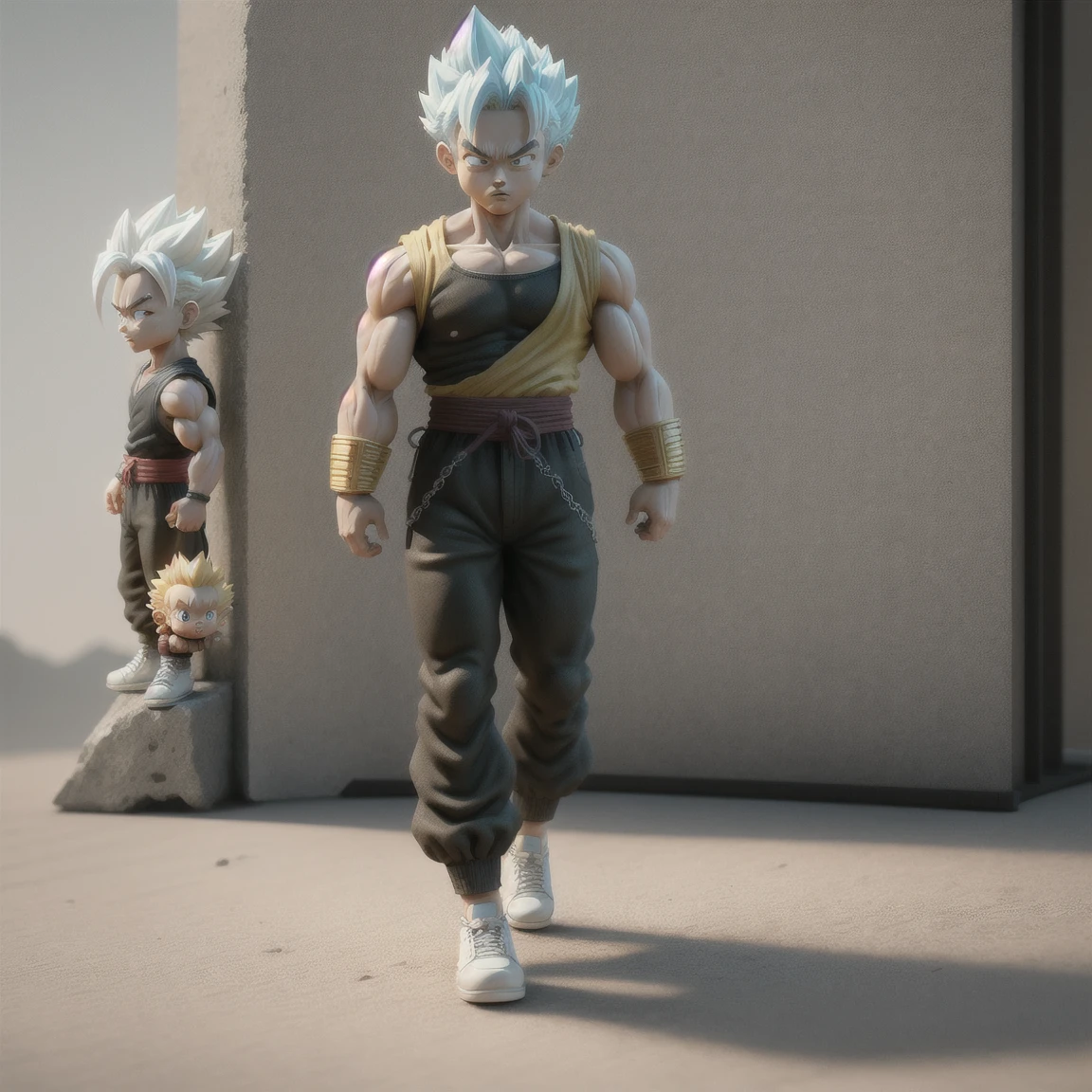 Goku, super saiyan, exquisite hair, arm depiction, white and blue hair body, exquisite shoes, eye depiction, exquisite hair, popmart blind box, clay texture, stepping on the land, black and white background, natural lighting, most good quality, super detail, 3D art, c4d, OC renderer, 3D rendering, 8k(nautilus)