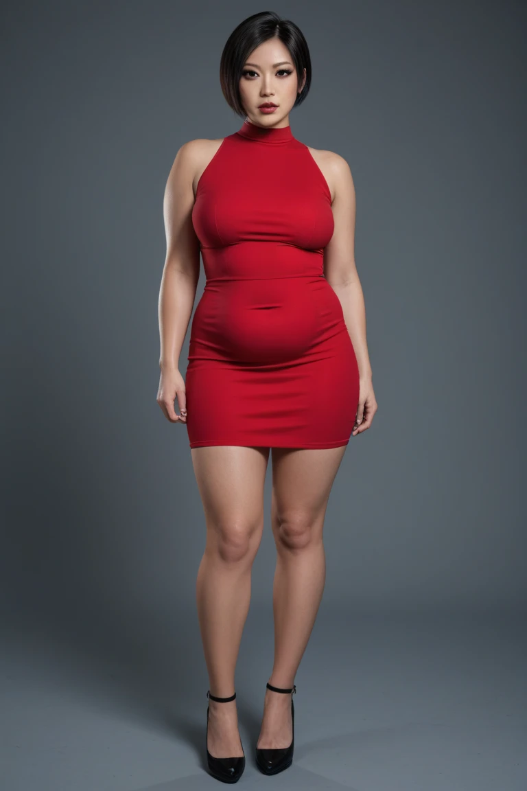 Chubby woman with chubby belly and tight thighs, full body, 50-year-old mature woman, thick ????, thick neck, thick ?????, big eyes, wearing a longest dress, wavy short hair, Height 170 cm , full body , wearing a red sneakers 