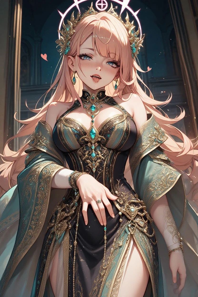 Super detailed ,best quality ,very aesthetic ,looking down ,full body ,from below , Stand with dignity ,A young-looking princess ,Beautiful eyes like jewels ,Embarrassed look ,A seductive face ,Beautiful Lips ,(Hair blowing in the wind ,Pink Hair ,Fluffy ponytail ,Curly Hair ,Expressive hair ,very voluminous hair) ,A silver tiara with glittering ornaments and sparkling jewels ,Crystal earrings with glittering gold embellishments ,A very luxurious jeweled hair ornament ,(Full-length ruffled hoop skirt ,crinoline ,A gorgeous black Rococo ball gown dress with gorgeous embroidery and jewels. ,Voluminous full-length pleated skirt), Silk gloves ,Open chest ,Textured skin ,Emphasized cleavage ,Huge boobs ,Big Breasts ,Nipples ,The tip of the index finger of the right hand is placed on the lips ,(Shining Light ,Fantasy ,fantasy city ,Ruins with white stone pillars ,Outside the castle),
