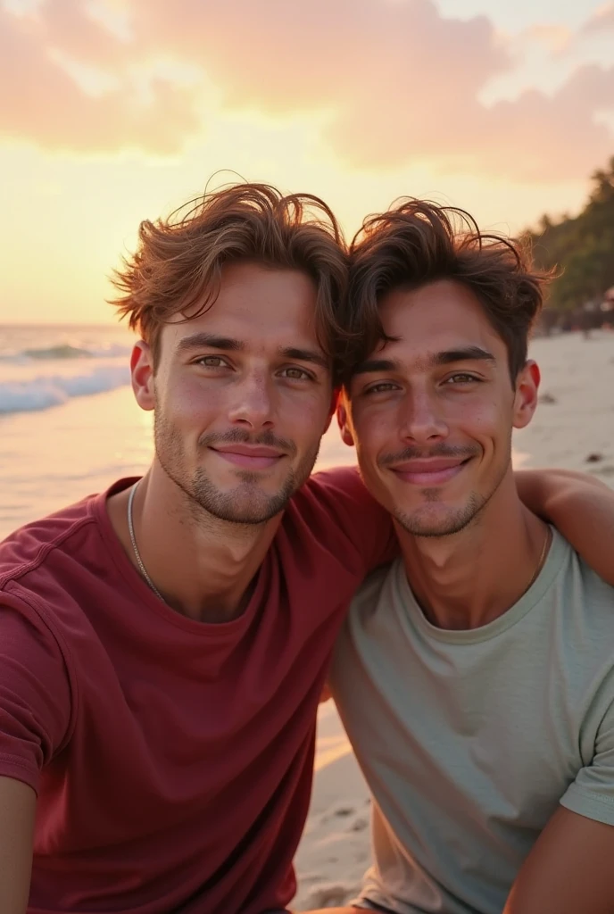 A handsome man is muscular, with light brown hair and green eyes, wearing no shirt, displaying a confident posture and a captivating smile.He is on a beach at dusk, with the sun setting on the horizon and a light breeze around.ye - yeah, he is accompanied by another man, who is also muscular and is wearing a light shirt. They are talking and having fun together. (Both have body hair on their chest and abdomen.)