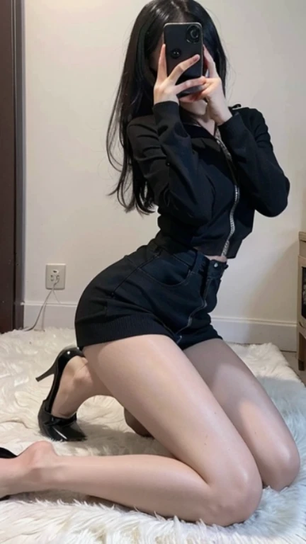 There is a woman sitting in a chair in the mirror, Korean Girls, 細Long legs, Long legs, Her huge legs overwhelm you, Crossing your legs, Attractive pose, Sit on the edge of the bed, とても美しくて細くてLong legs, Sitting on the bed, Very beautiful slim legs, a Surreal , good hips and Long legs, Surreal , Moderate legs