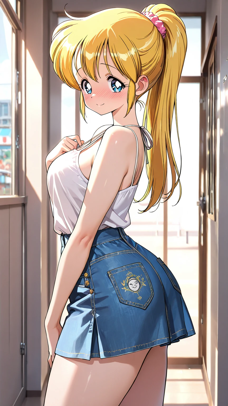 an anime lady with big is wearing a pink shorts and blue top, 1girl, shorts, pink shorts, ass, twin braids, braid, solo, blue eyes, blonde hair, hat, baseball cap, shadow, looking back, shirt, breasts, long hair, short shorts, looking at viewer, blue shirt, short sleeves