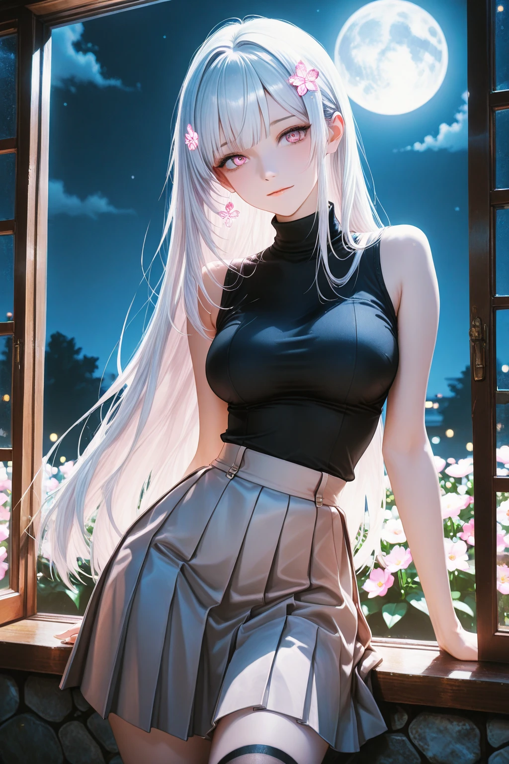 1 woman,beautiful white hair,beautiful purple eyes,Light pink blush,Light Red Lipstick,Facing the camera,Wearing a black T-shirt.,shorts,white skin,Put on a collar,White cat ears,smile a little,Standing in the bedroom in the morning,Put on a bracelet,(8K images),(Light and 4K),Outside the window there are cherry blossoms.,no cat