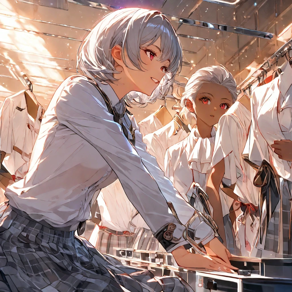 schoolgirls，Gold and silver demon pupils，short detailed hair，White top