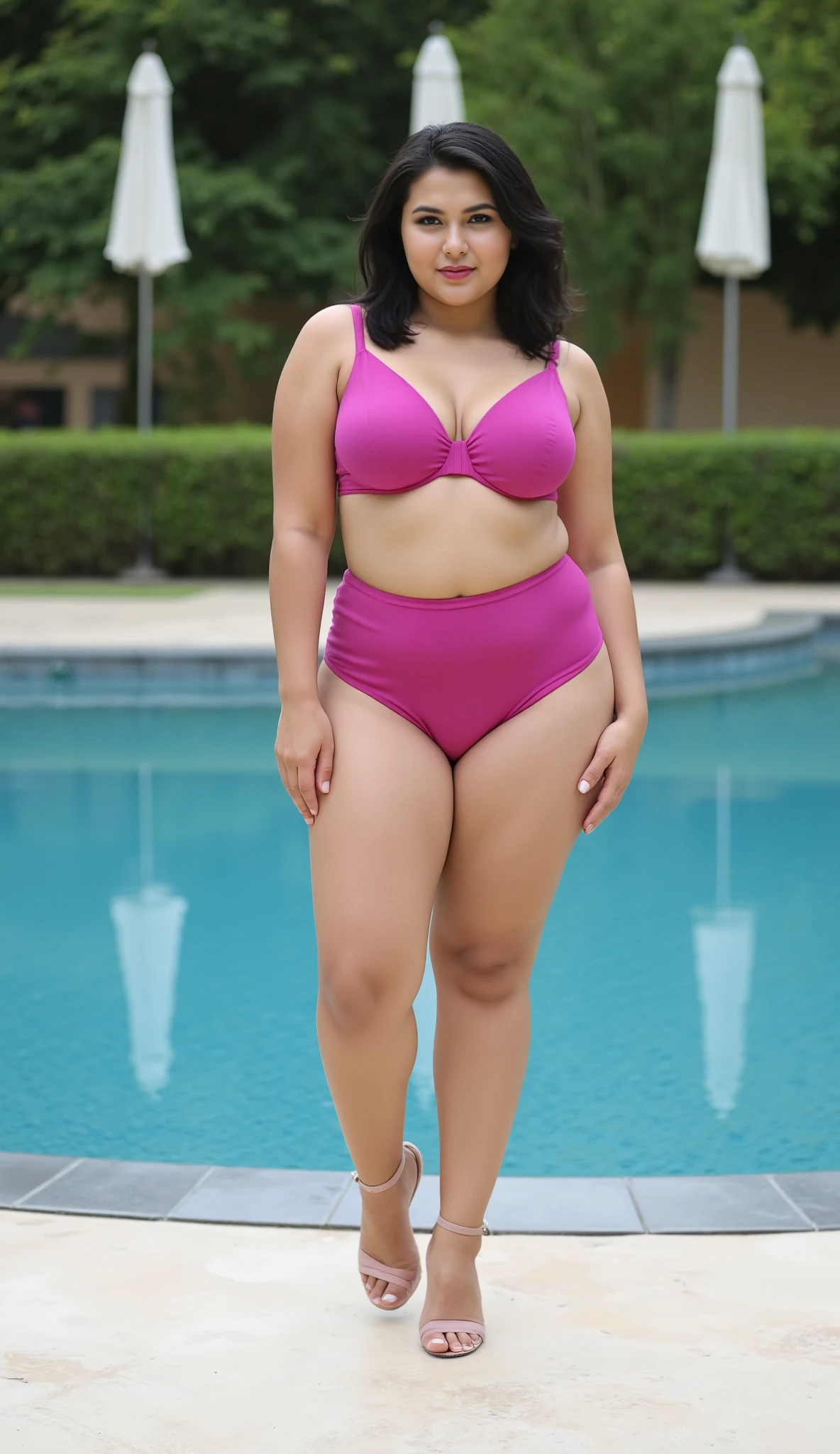 Pink bikini, curvy body, curvy thighs, cleavage,