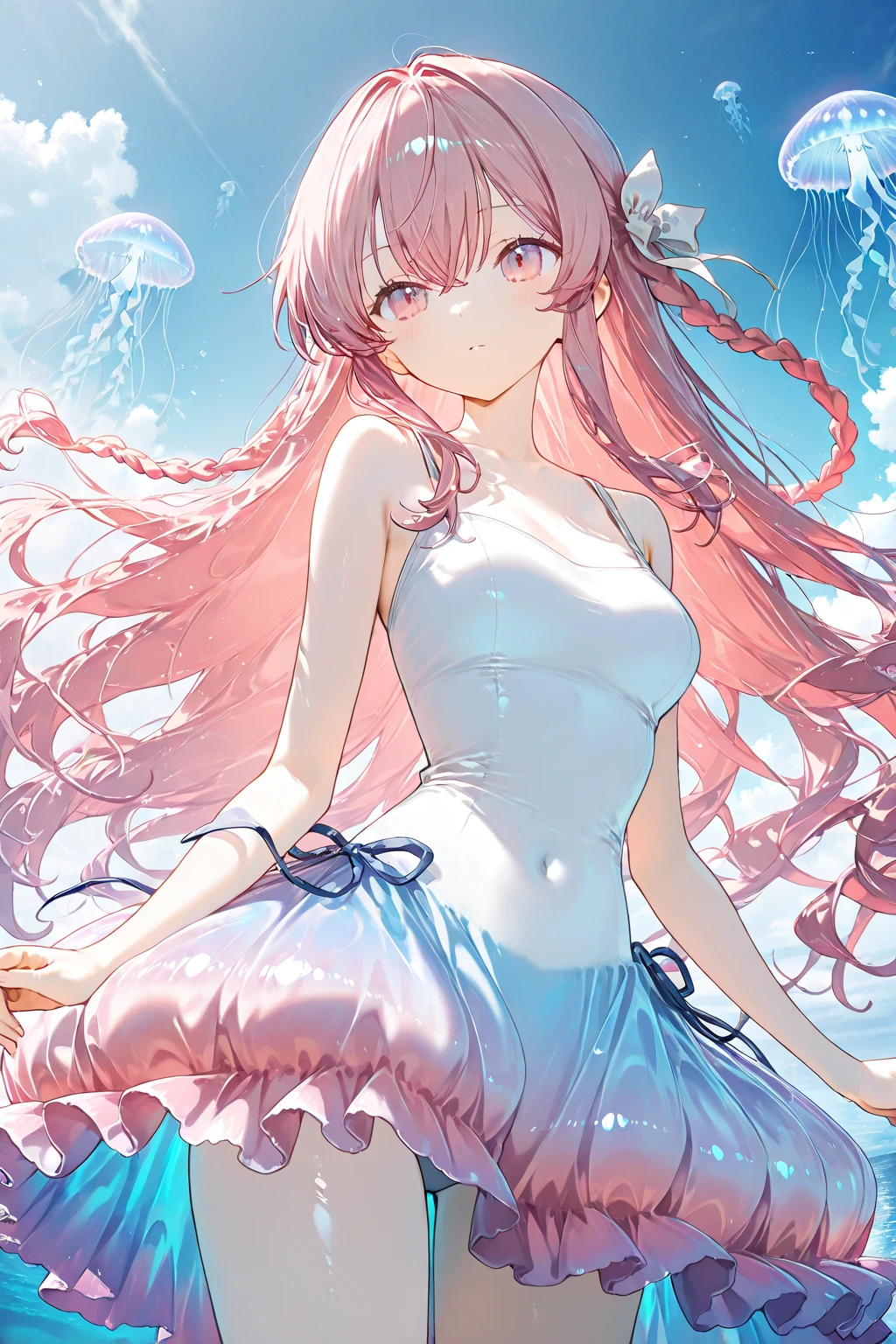 ultimate masterpiece,Perfect image quality,Pink hair pure blue,golden eyes shining,Mouth full of smile,White clothes flowing,look up to the sky,Upper body or full body display,Hair flying like a waterfall,Skin as white as snow,Side braids swing elegantly