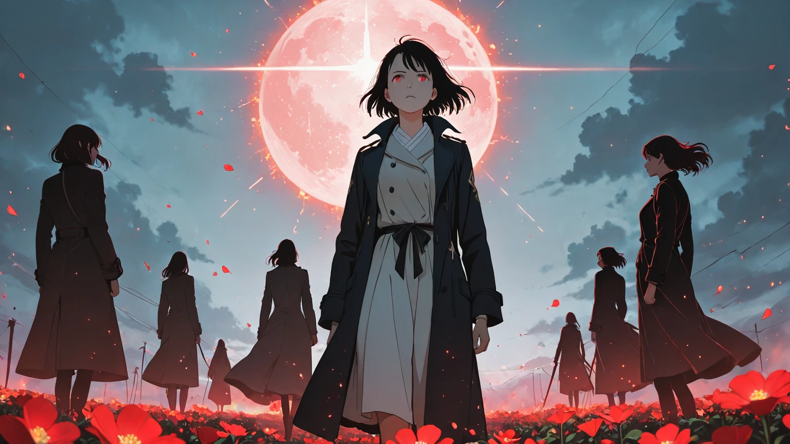 (masterpiece, best quality, detailed, high resolution, polished, flat colors), (solo:1.2),  moonlight, 1girl, kneeling, black hair, white veil, white brocade, black line corset gown and robe, (covered in blood:1.2), (blood), outdoors, starry night, snow, mountains, clouds, blizzard, red moon <lora:garb_g1-06a:0.5> <lora:RuinsAndLight:0.7>