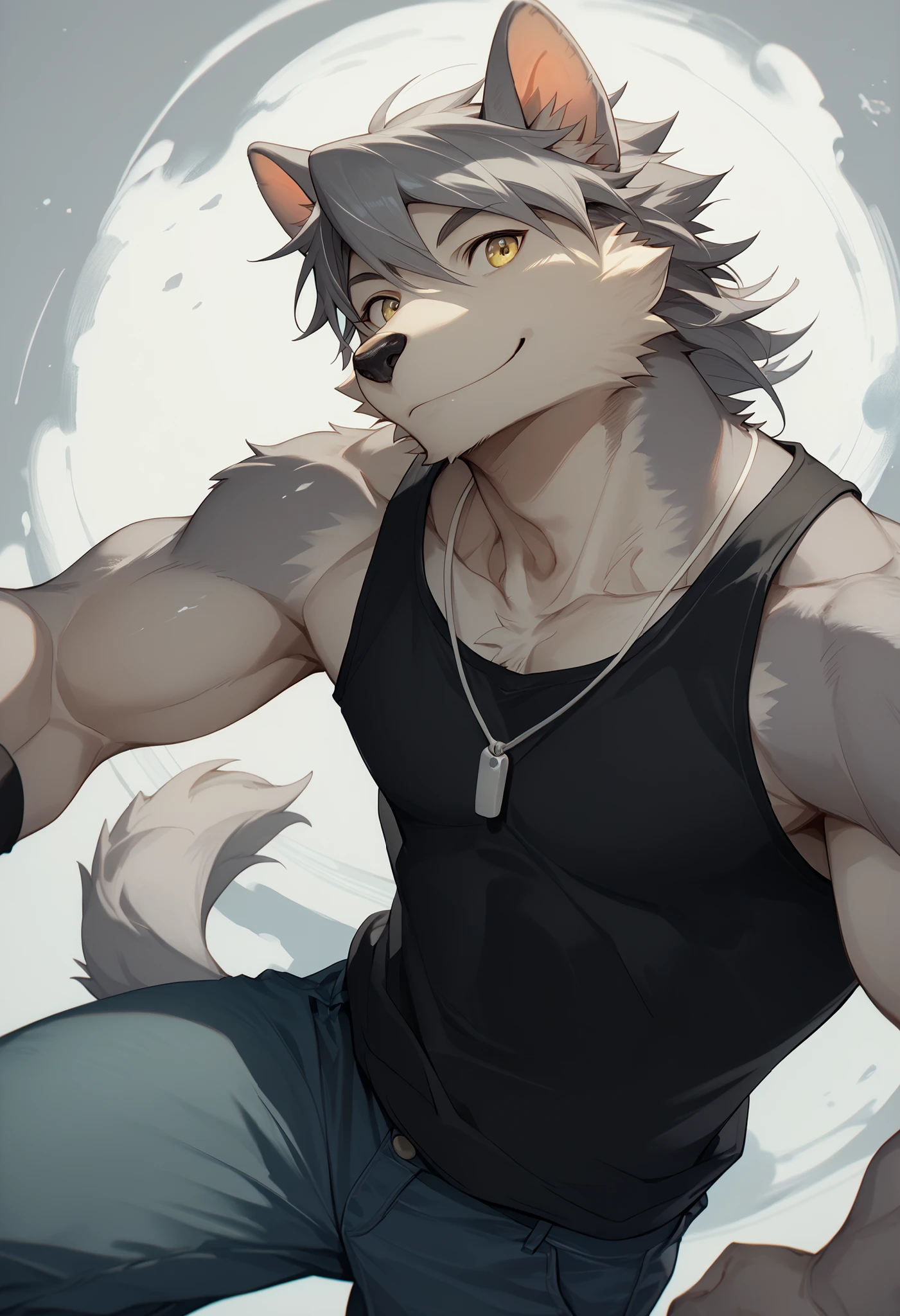 score_9, score_8_up, score_7_up, High Quality, hires, 4K, solo, _Aotsuki , Orenatsu, fur from below, yellow eyes, tank top, black tank top, pants, portrait, Grey fur upper body smiling grey abstract background close-up high angle view staring straight at the viewer