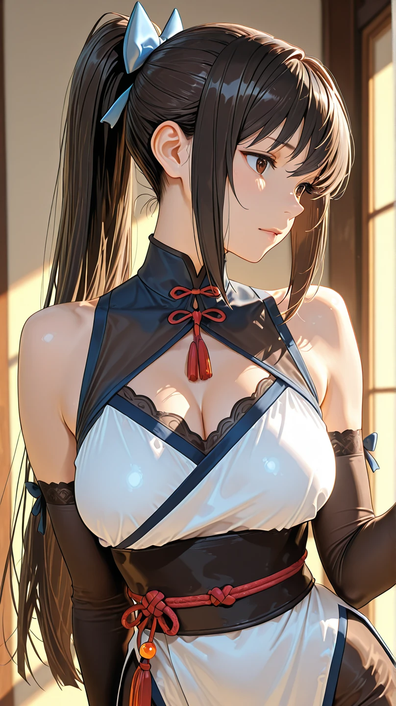 (8K、top-quality、​masterpiece)、Taisho Era、japanese kimono、Beautiful adult woman、Graceful,((Super huge　Colossal　Colossal　massive chest)),Pensive、boredom、Sentimental、suffocating、Enlightened smile、long-haired with black hair、Ahoge、braid ponytail、musculature、Muscular beauty、Muscle Beauty、