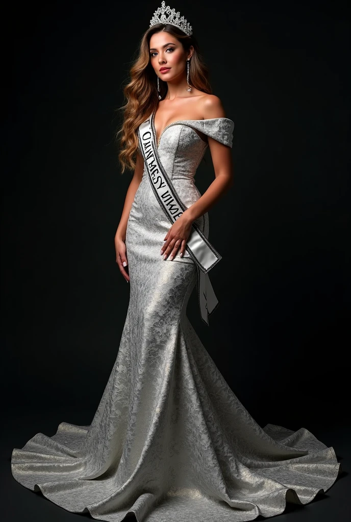 Miss universe, silver evening gown with silk shawl at left and right, at miss universe stage, wear crown and sash Miss Universe, elegant, beautiful, slim, don't smile, sexy vibes. Sharp eyes, cool, bold make up. Cignature sexy pose.