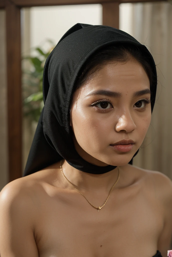 Nude 16 year old teenage malay woman with hijab,school background,arousal expression,closed eyes,moaning,group of men watching,ready to fuck,a man sticking his penis on anus,filled with semen