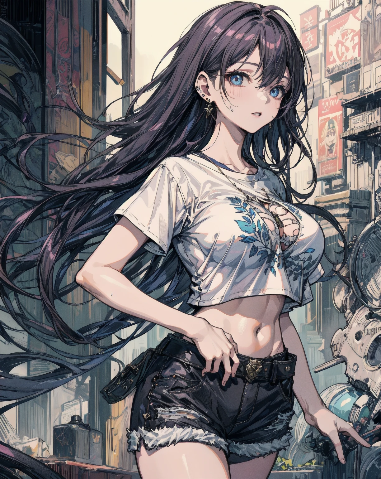 ((((best quality))), (((ultra detailed))), (((masterpiece))), illustration,(Magazine cover-style illustration of a fashionable woman in a vibrant outfit), posing in front of a colorful and dynamic background. She has a confident expression and is holding a statement accessory, The text on the cover should be bold and attention-grabbing, with the title of the magazine and a catchy headline. The overall style should be modern and trendy, with a focus on fashion and lifestyle), wall paper,crowds,fashion,Lipstick,ray tracing,depth of field, street,in public,day 1girl,solo,looking at viewer, glossy skin, contrapposto, navel, midriff, necklace, female focus,model,medium breasts, ,street,in public,police hat, police uniform, handcuffs,short shorts, arms on hips, cool, (see-through:1.3), school uniform,jitome, ,underboob,floating hair, sexy ,fine fabric emphasis