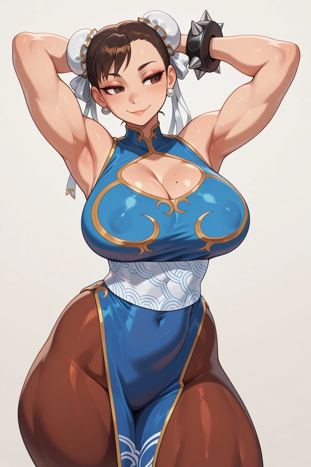 Nude female, chun li, beautiful face, mature, fit body, pregnan belly small, big breast cover by transparent chinese appron, nude bottom, beautiful body, big fit legs. Cowgirl position, pov, looking to the viewer.