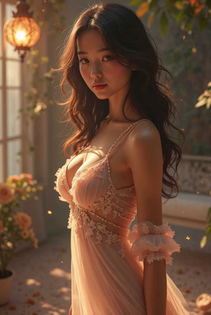 (masterpiece), (extremely difficult:1.3), (realistic), photo of a girl, most beautiful in the world, (transparent negligee), upper body, outdoors, distant castle, professional photography stunning woman detailed, sharp focus, dramatic, award winning, cinematic lighting, volumetrics dtx, (film grain, blurred background, blurred foreground, bokeh, depth of field, sunset, motion blur:1.3), 4k, 8k, hd, hdr